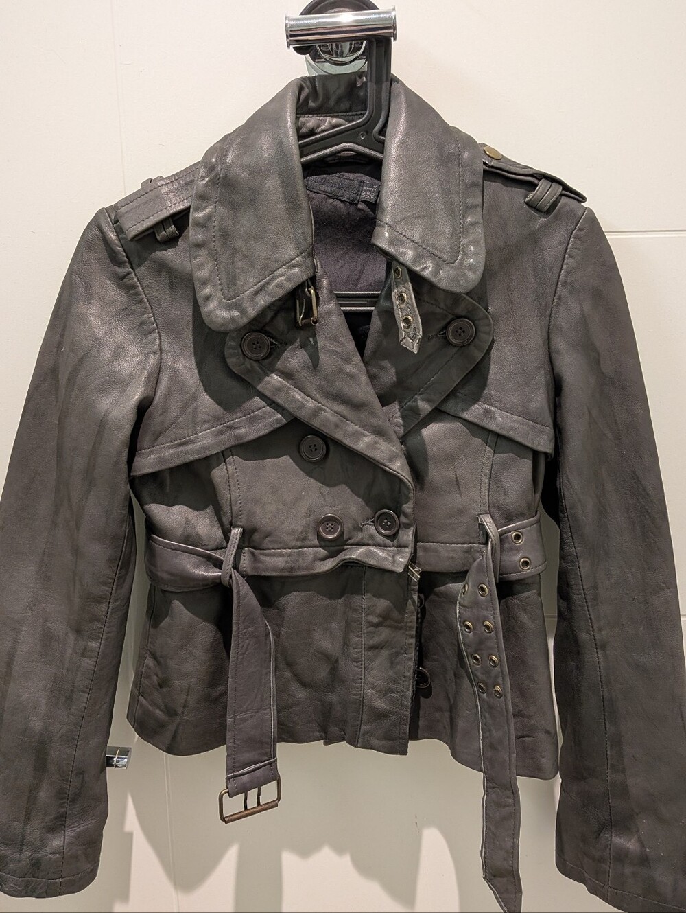 All Saints Gray Double-Breasted Leather Jacket